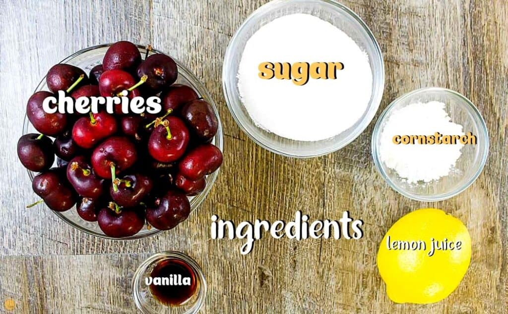 ingredients for cherry pie filling with labels