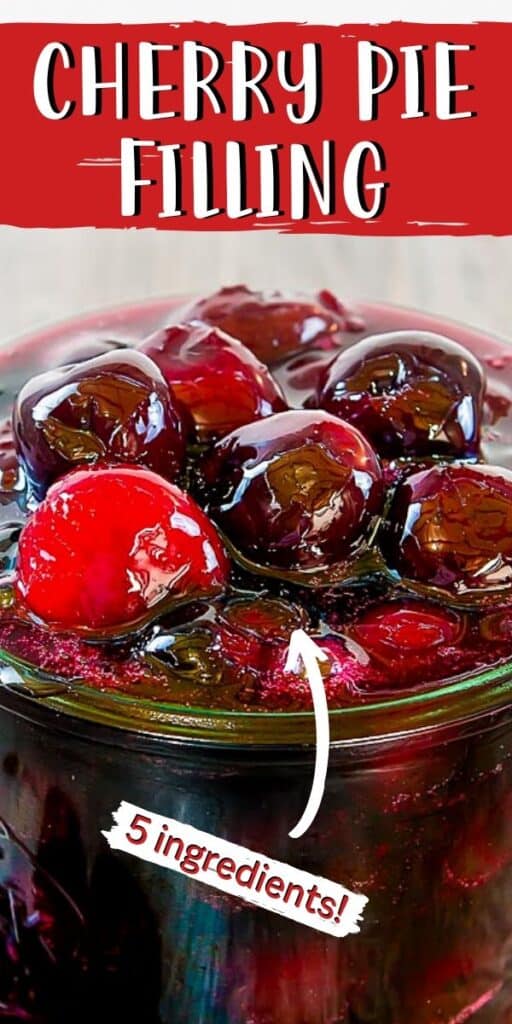 close up of pie filling with text "cherry pie filling - 5 ingredients"