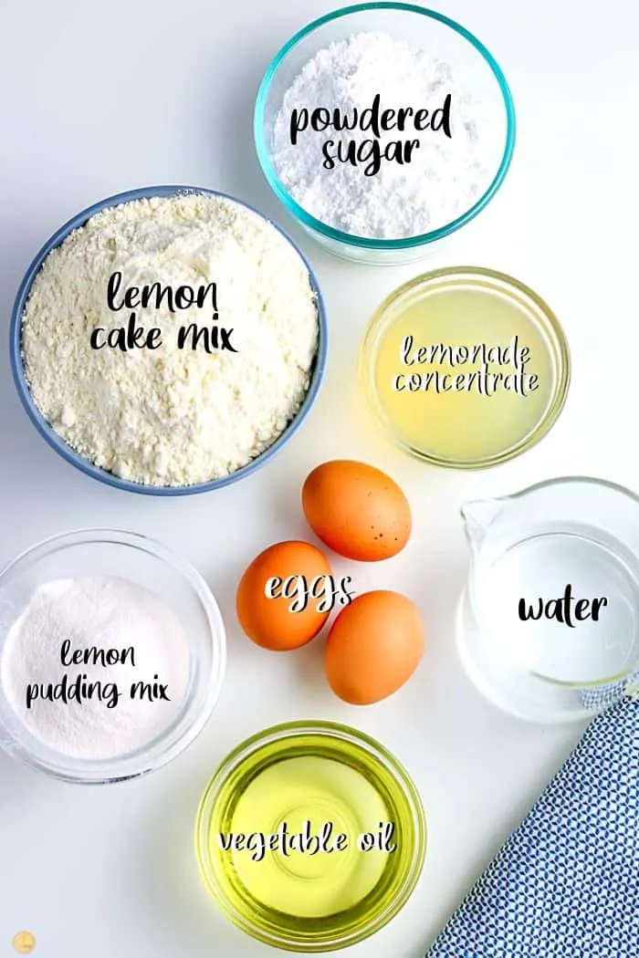 overhead picture of lemonade cake ingredients with labels