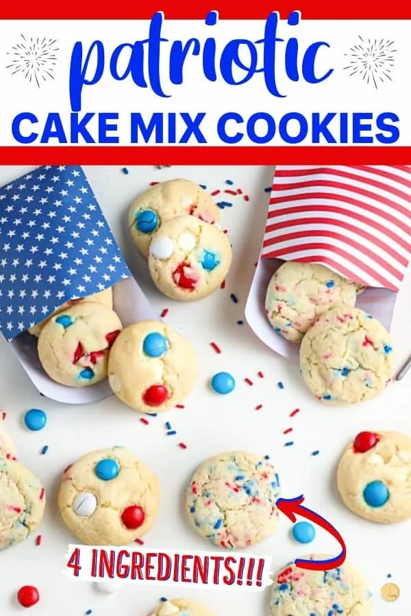 pinterest image of cake batter cookies with text "patriotic cake mix cookies"