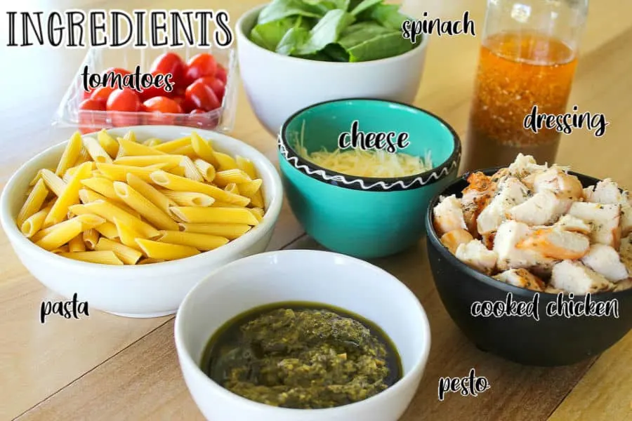 labeled picture of pesto pasta salad