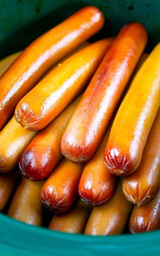 cooked hot dogs in a slow cooker bowl