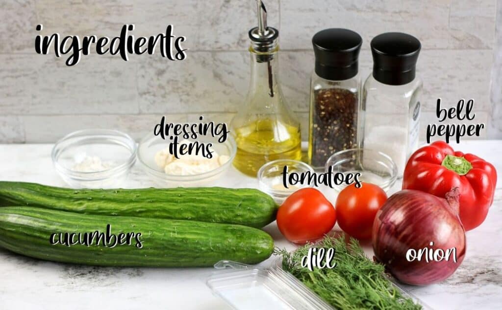 labeled picture of ingredients for creamy cucumber salad
