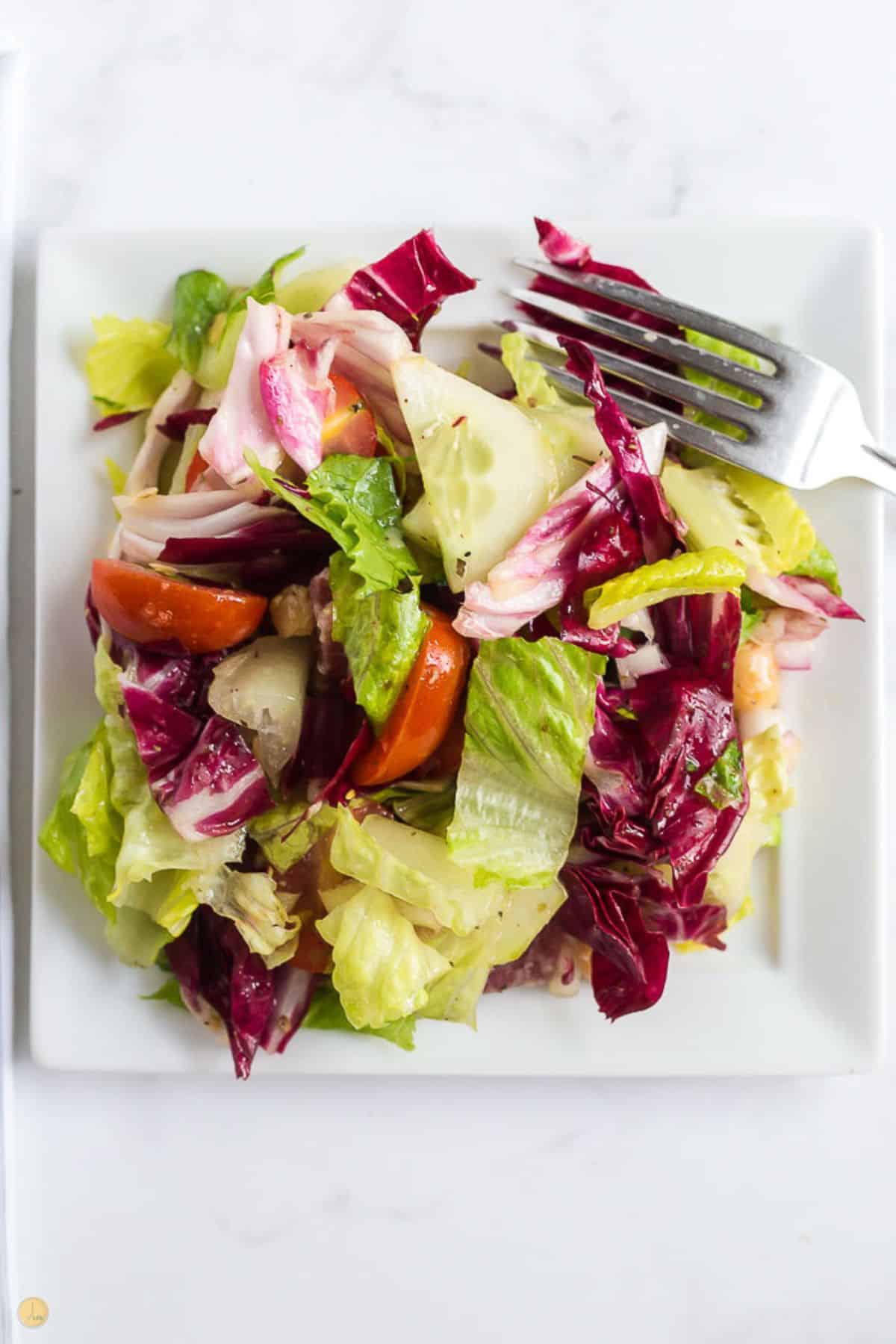close up of plate of salad with a fork on it