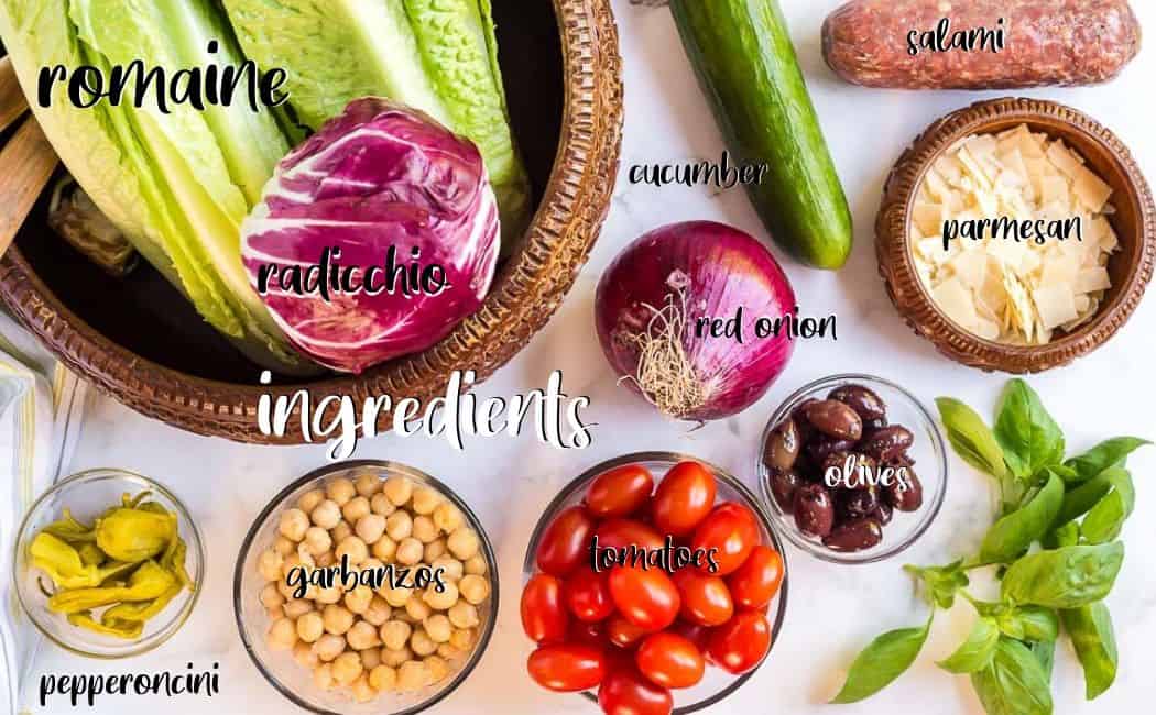 labeled picture of ingredients for Italian chopped salad