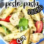 pinterest image of pasta salad with text "chicken pesto pasta salad fresh"