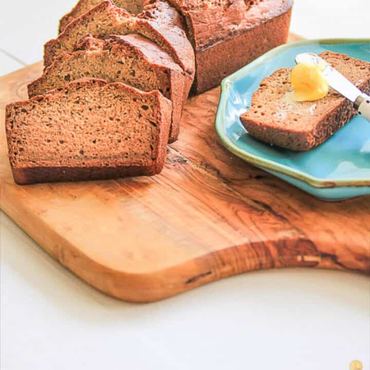 square picture of banana bread slices for recipe card
