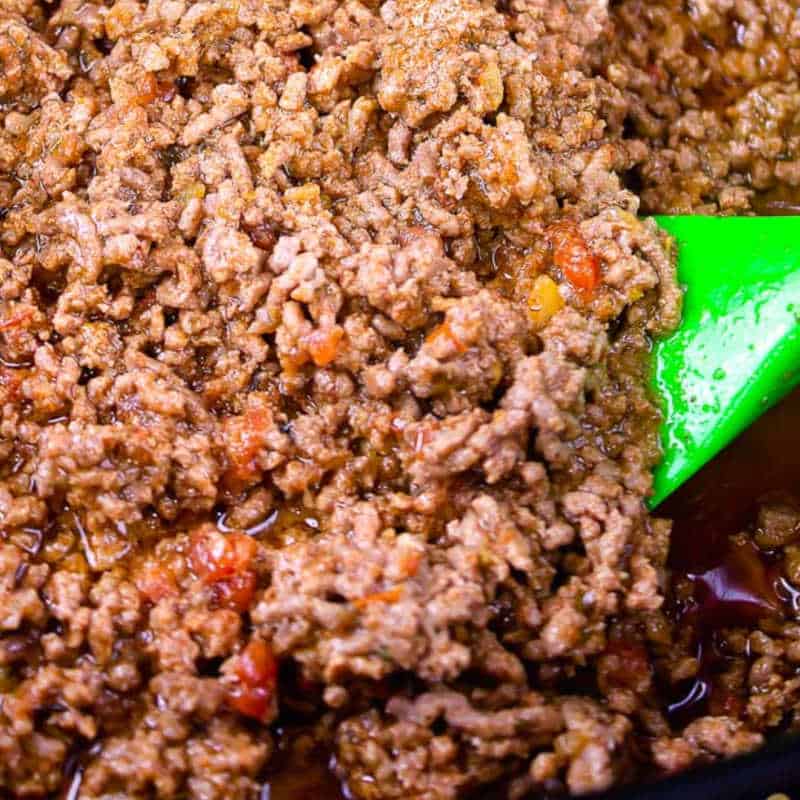 square picture of cooked taco meat for recipe card
