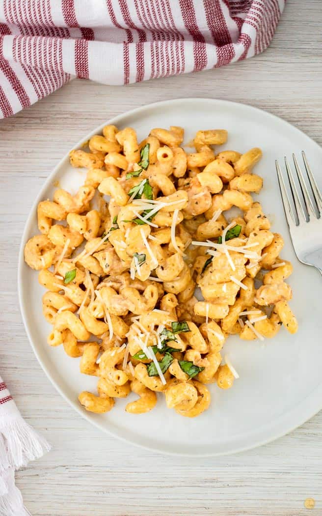 cheesy pasta on a white plate