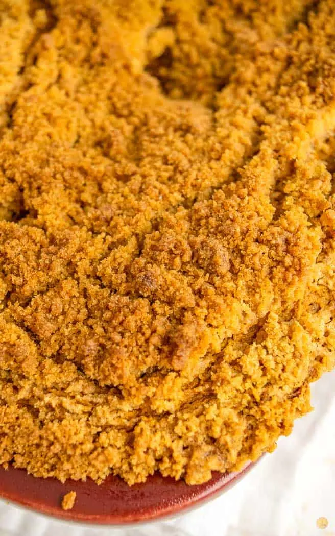 close up of streusel topping on bread