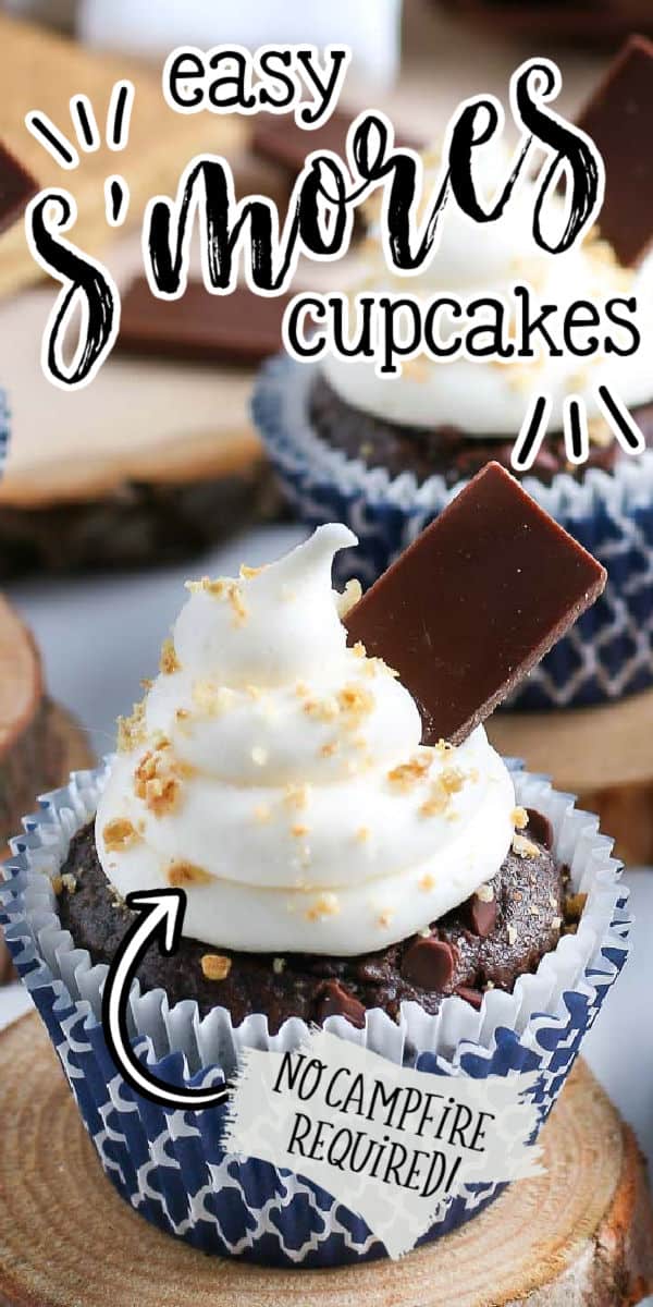 pinterest image of smores cupcakes with text "easy smores cupcakes"