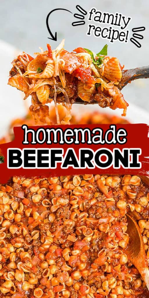 pinterest collage with text "homemade beefaroni"