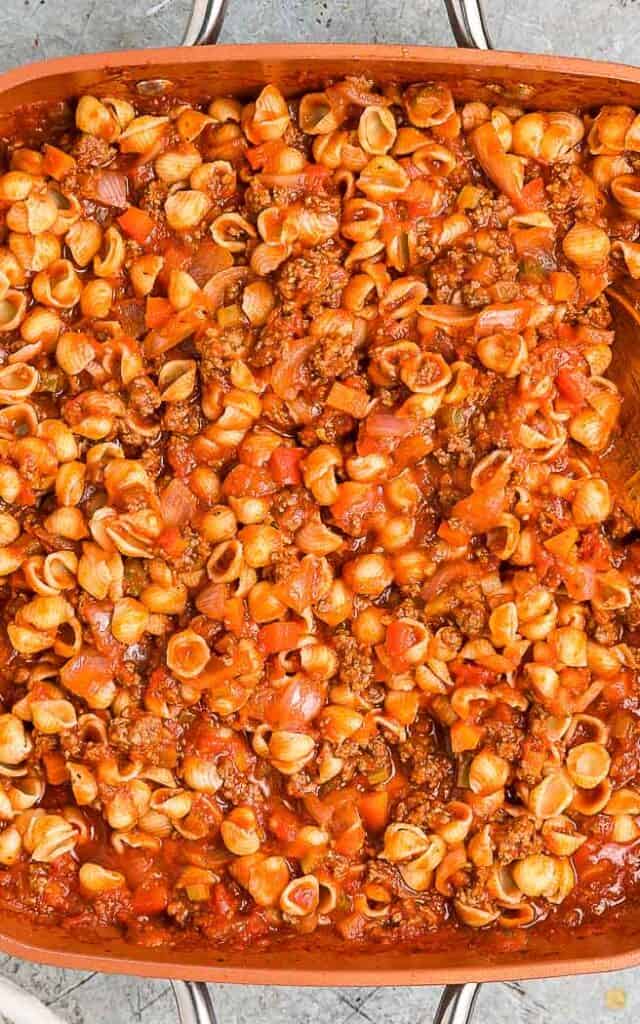 beefaroni in a orange pan