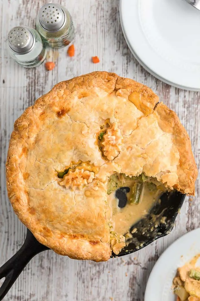 baked chicken pot pie with slice missing