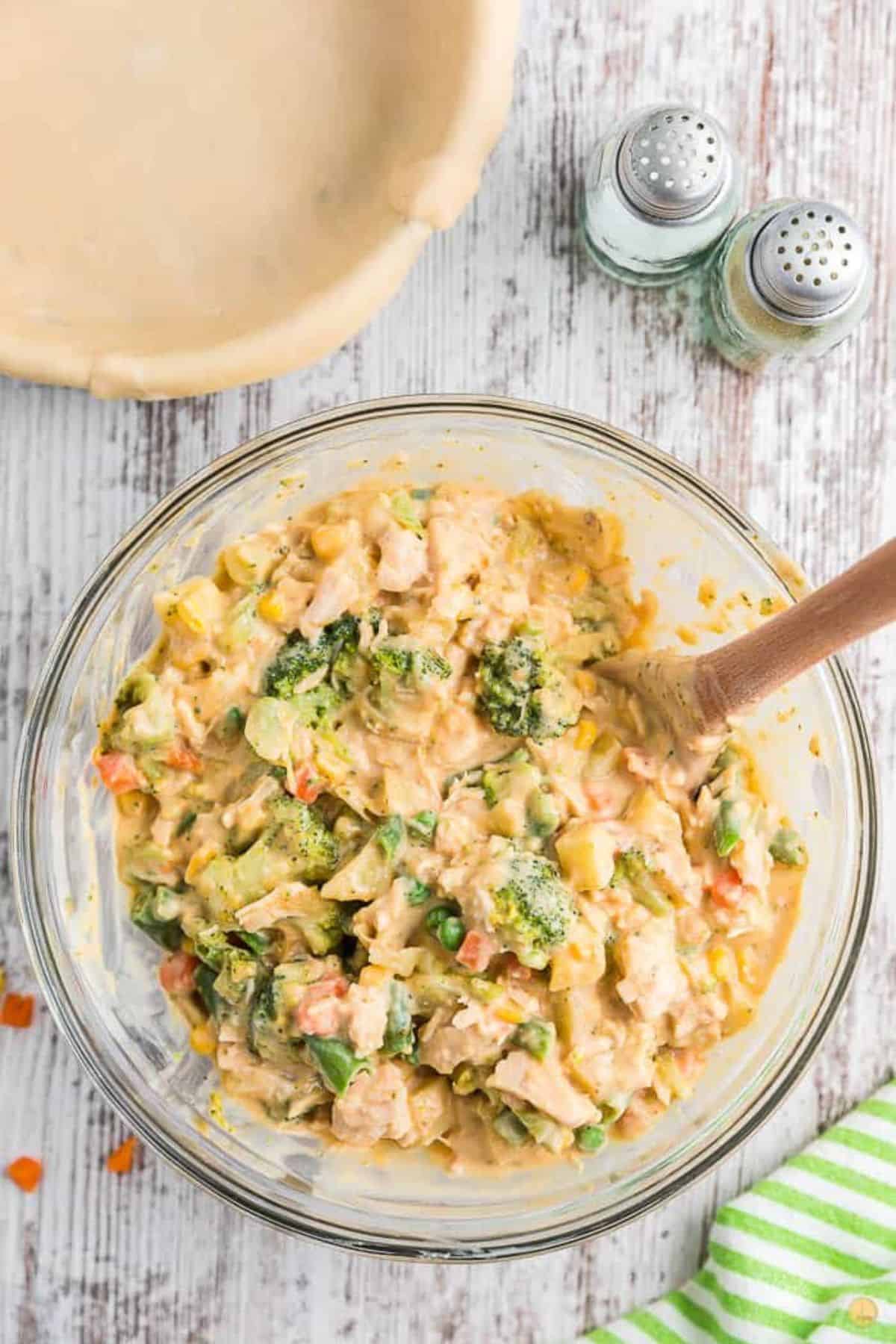 chicken pot pie filling in a bowl