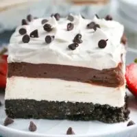 close up of square of chocolate lasagna