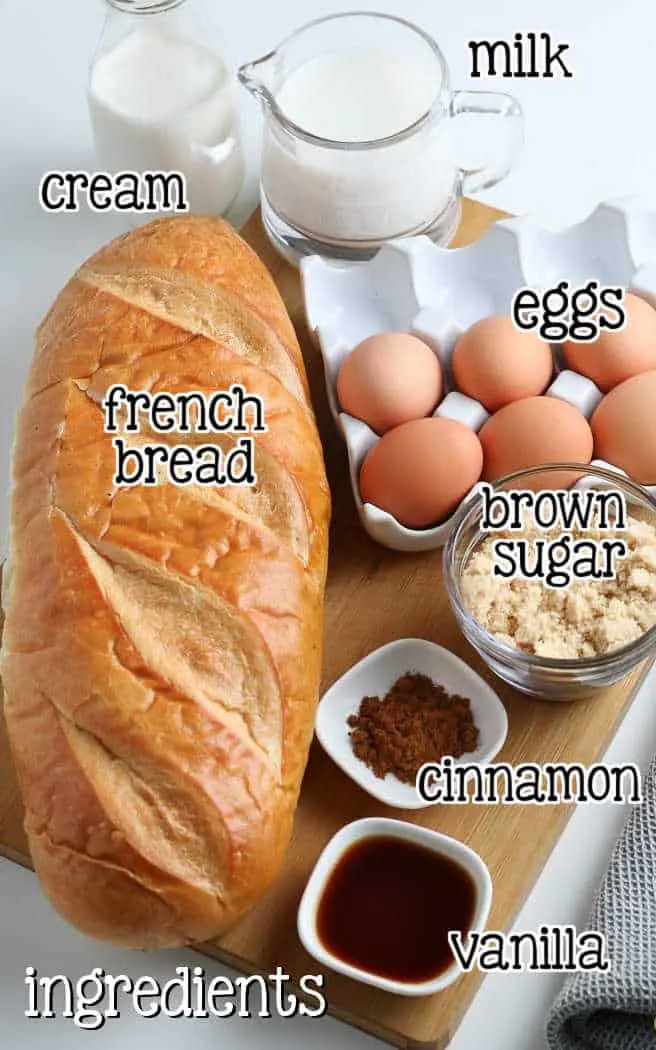 labeled picture of french toast casserole ingredients