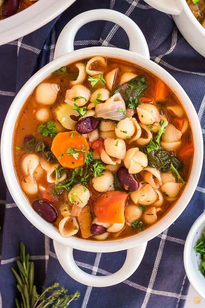 overhead picture of white bowl filled with soup