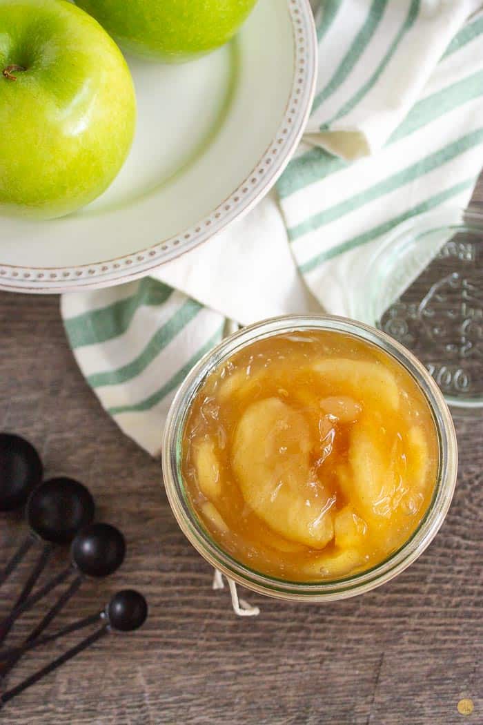 overhead picture of clear jar of pie filling