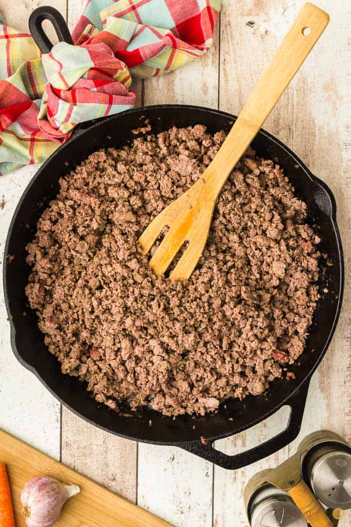 cooked ground beef in a skillet