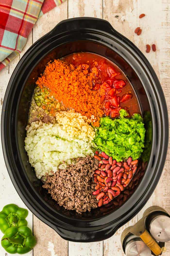 chili ingredients in a crock pot