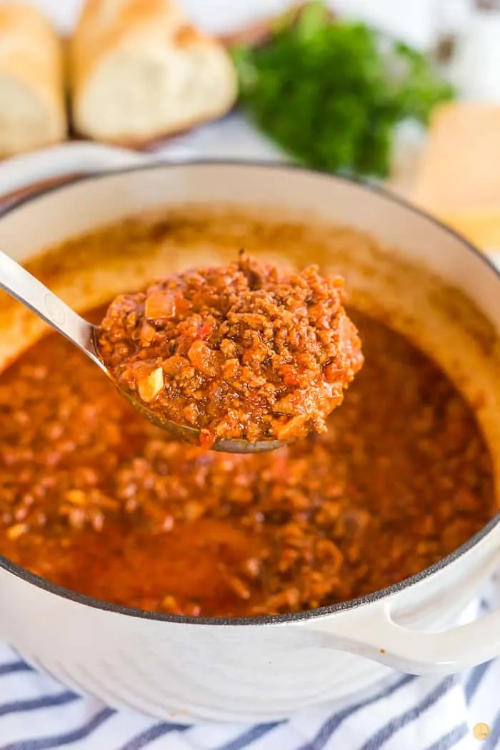 pot of meat sauce with a ladle of sauce