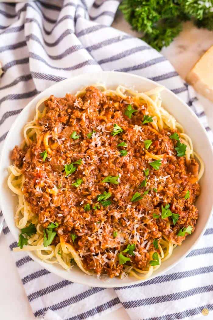 overhead picture of a bowl of spaghetti meat sauce