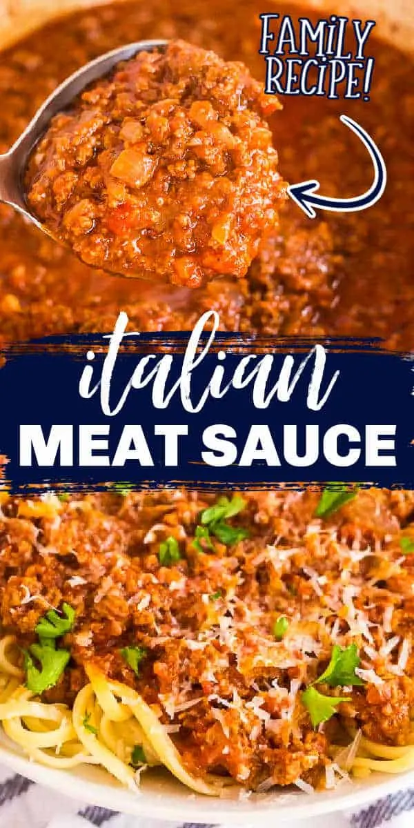 collage of spaghetti and meat sauce with text "family recipe"