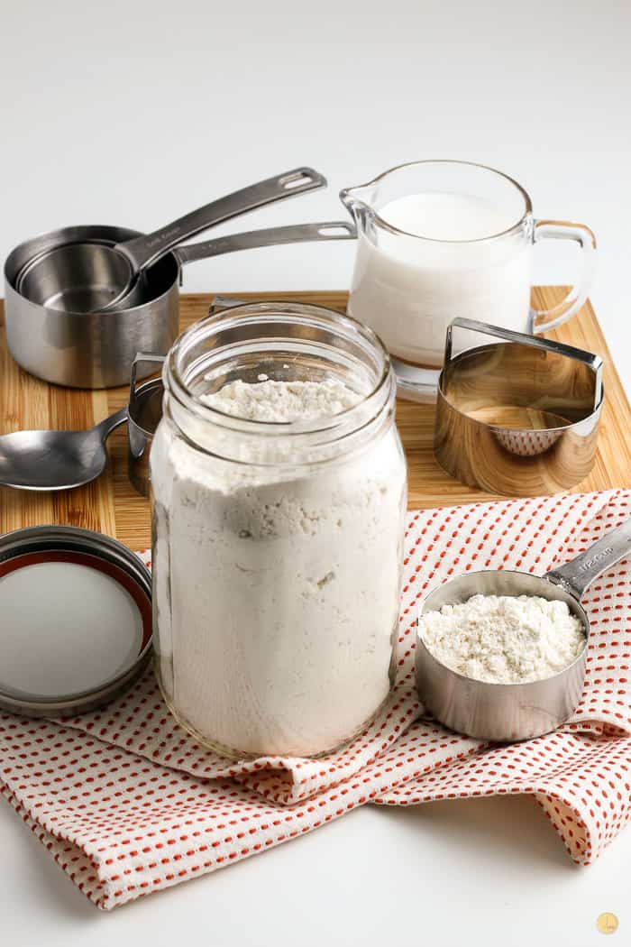 jar of bisquick with baking tools