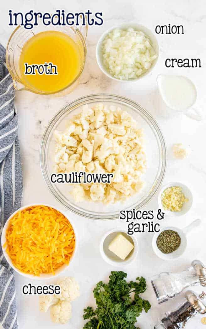 labeled picture of cauliflower cheese soup ingredients