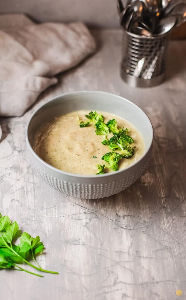 overhead picture of broccoli in soup