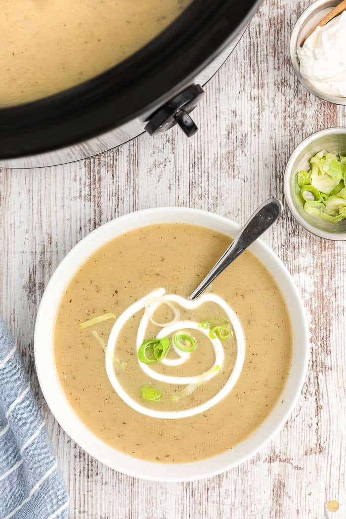 soup with swirl of sour cream on top