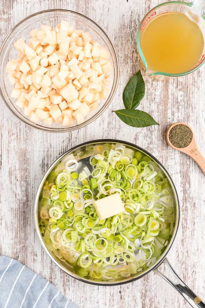 sliced leeks in a pan