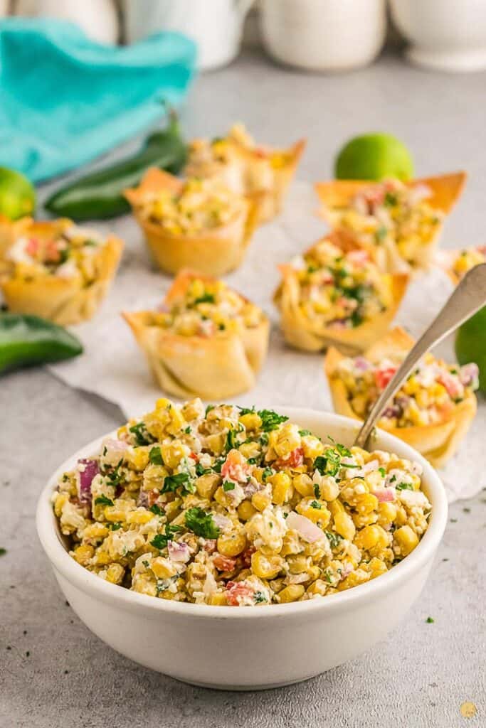 white bowl of street corn salad