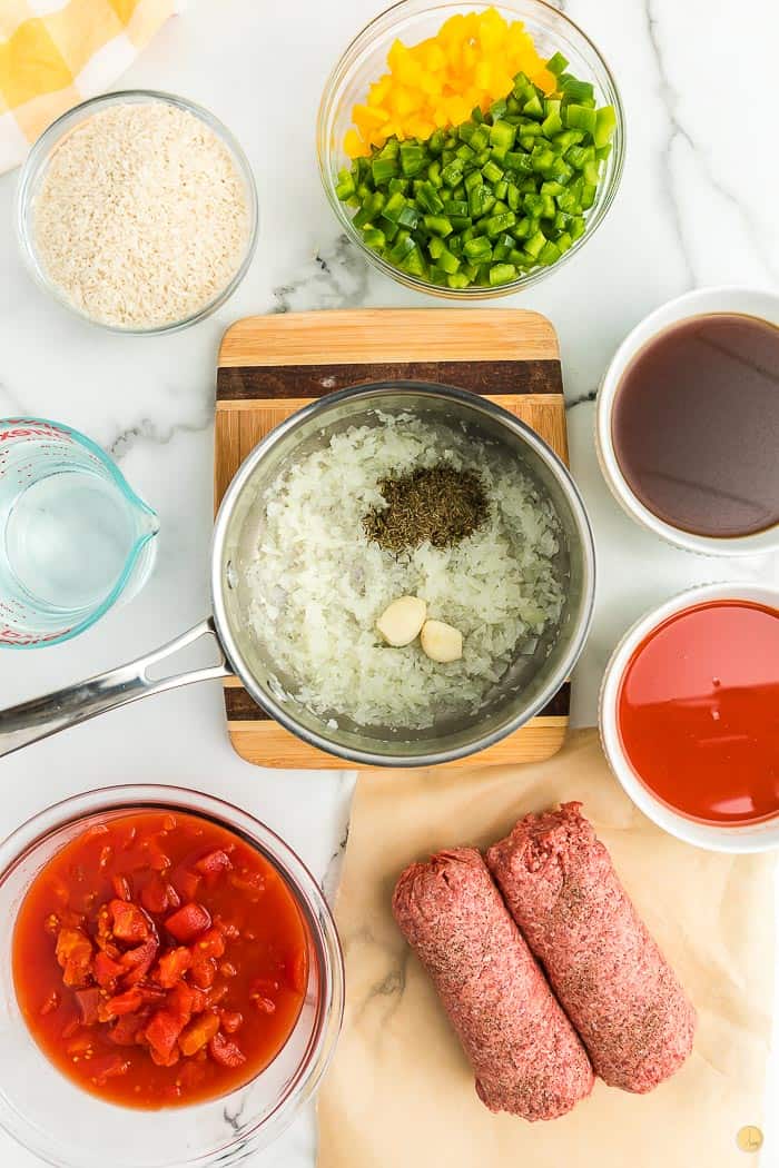 pot with onion and spices for meal prep