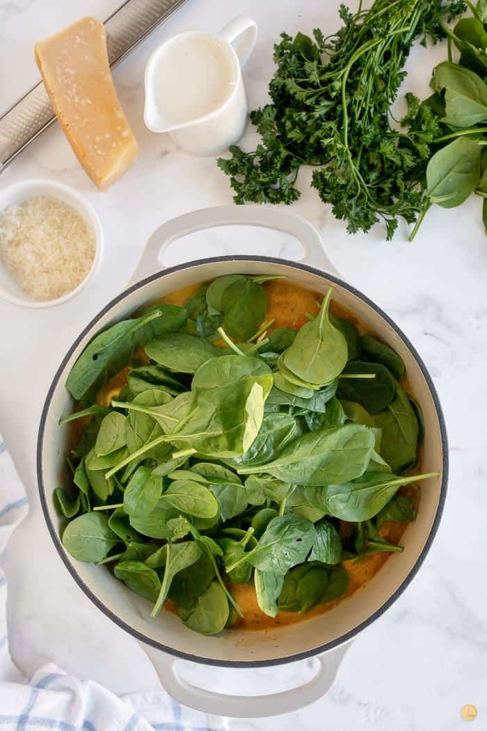 spinach in soup pot