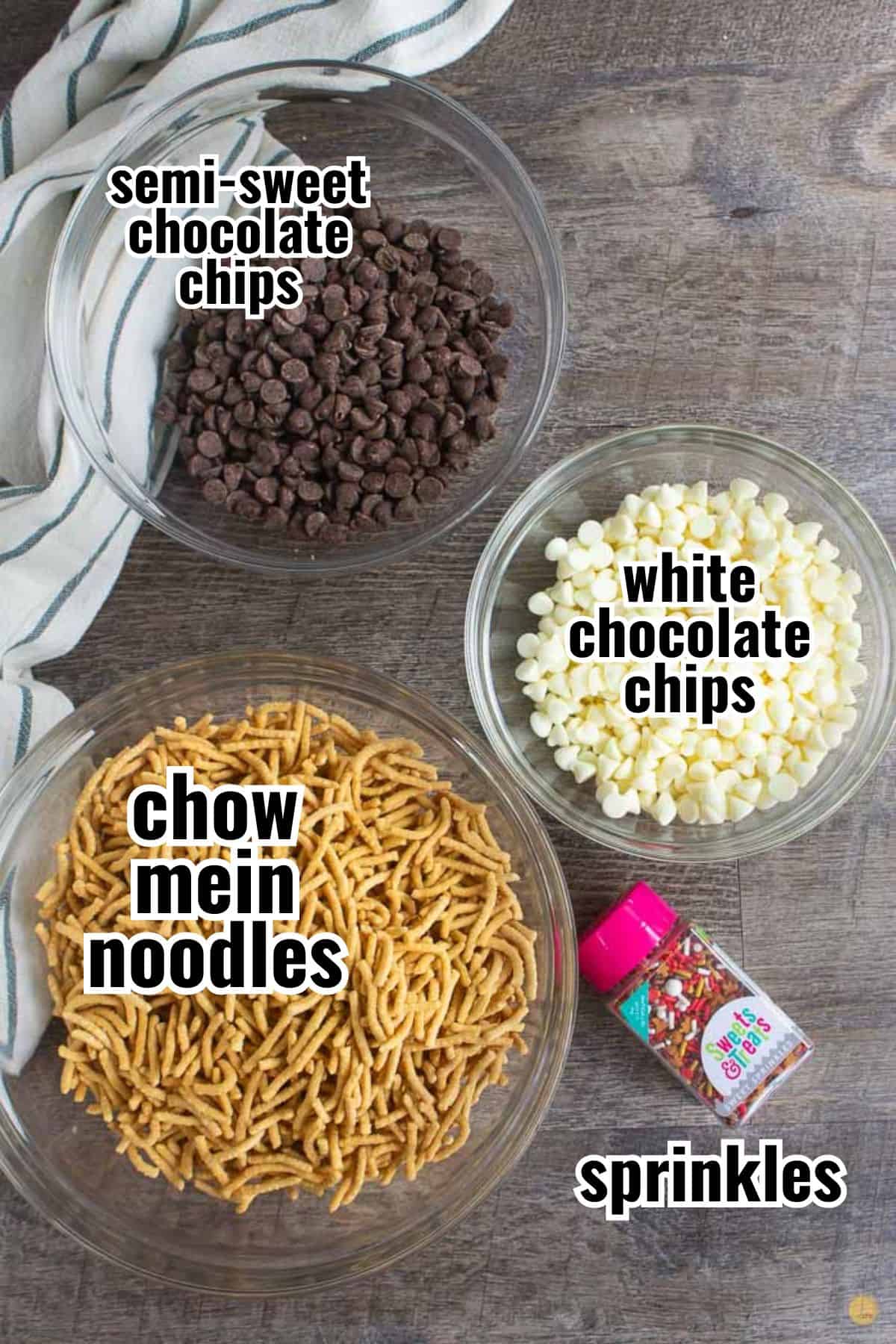 chow mein cookie ingredients in bowls