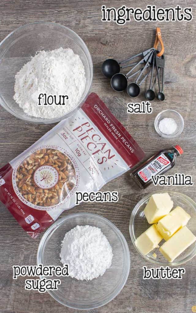 labeled picture of pecan snowball cookie ingredients