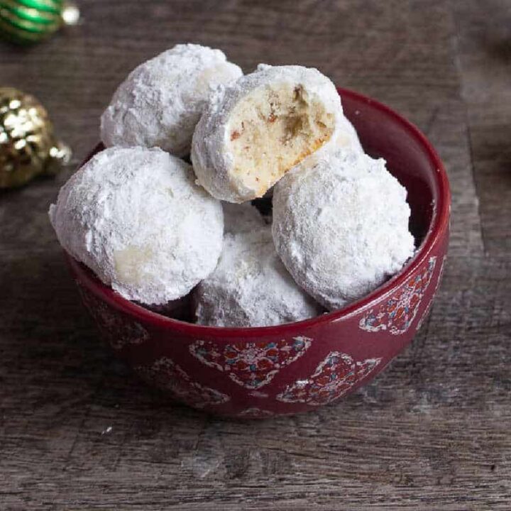 white cookies in a red bowl