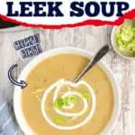 bowl of soup with text "how to make potato leek soup"