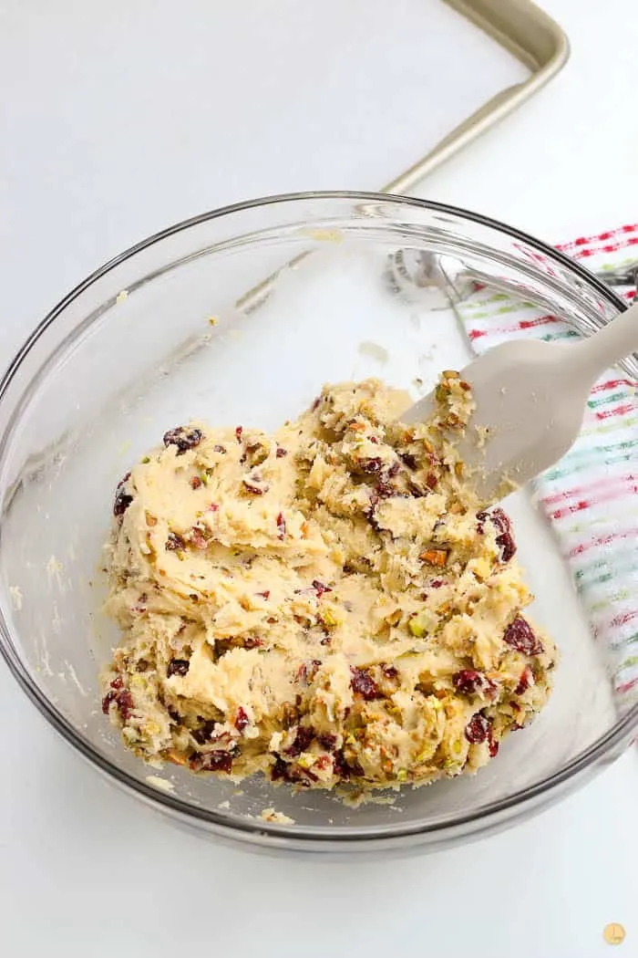 cranberry pistachio cookie dough in a bowl