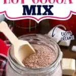 jar with powder in it with text "homemade hot cocoa mix"