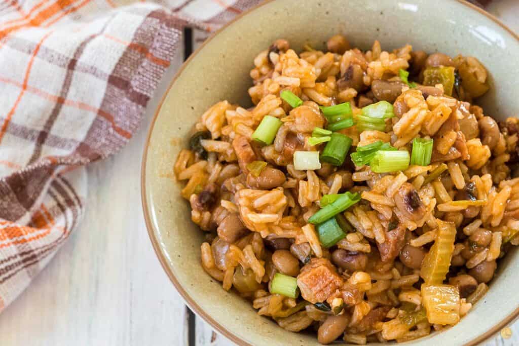 peas and rice in a bowl