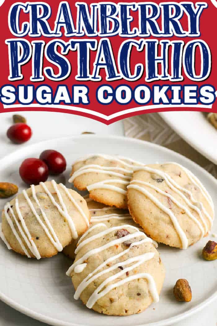 plate of cookies with text "cranberry pistachio sugar cookies"