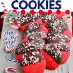 red cookies with text "chocolate dipped peppermint cookies"