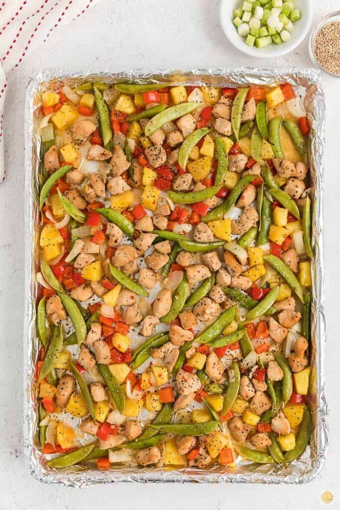 sheet pan of chicken and veggies