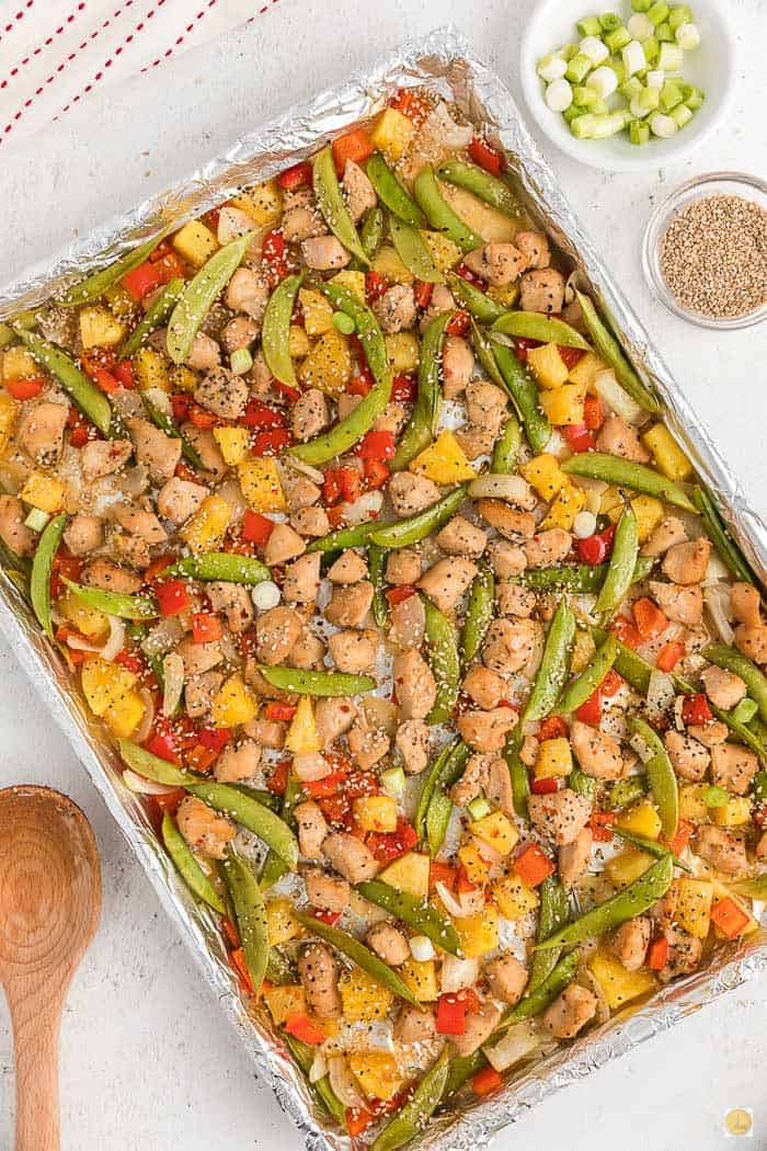 side angle of sheet pan dinner