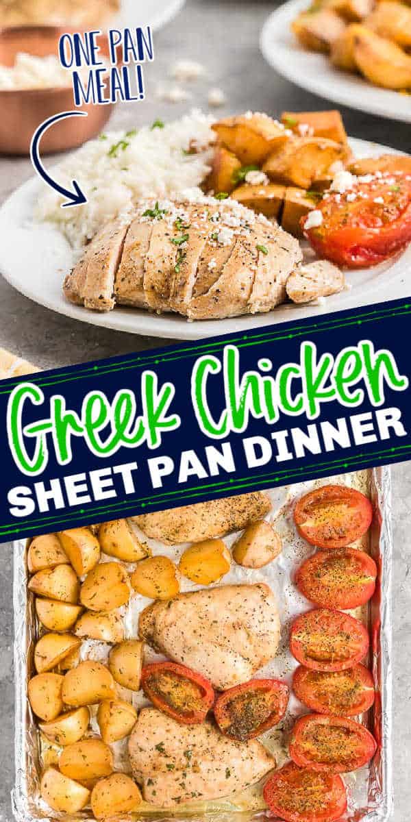 collage of chicken dishes with text "Greek Chicken sheet pan dinner"