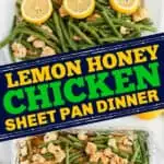 collage of chicken with text "Lemon honey chicken sheet pan dinner"