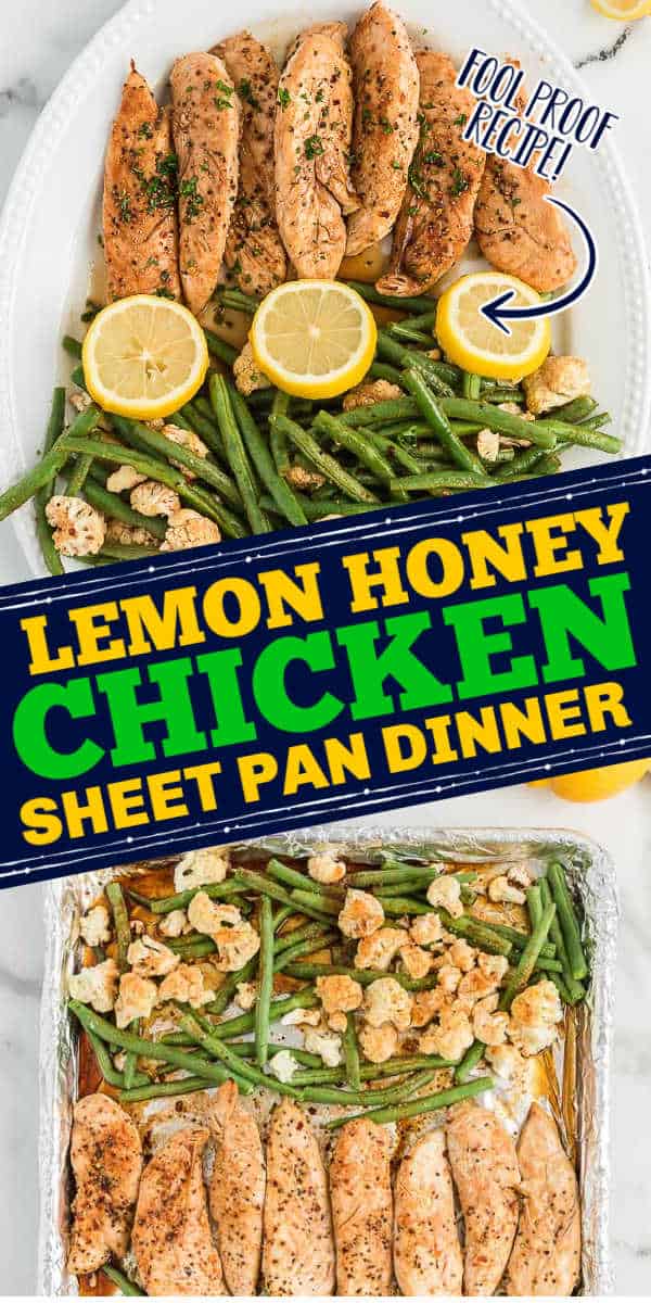 collage of chicken with text "Lemon honey chicken sheet pan dinner"
